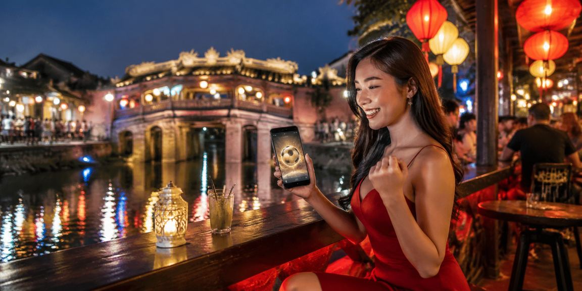 Người dùng xem điều khoản sử dụng tại chợ đêm Hội An trước khi đặt cược bóng đá